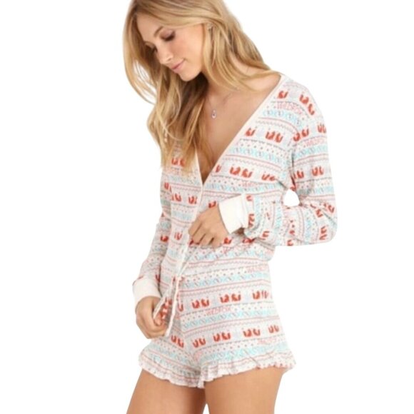 Wildfox Long Sleeve Snap-Button Front Waist-Tie Ruffled Shorts Romper Playsuit L - Picture 7 of 16